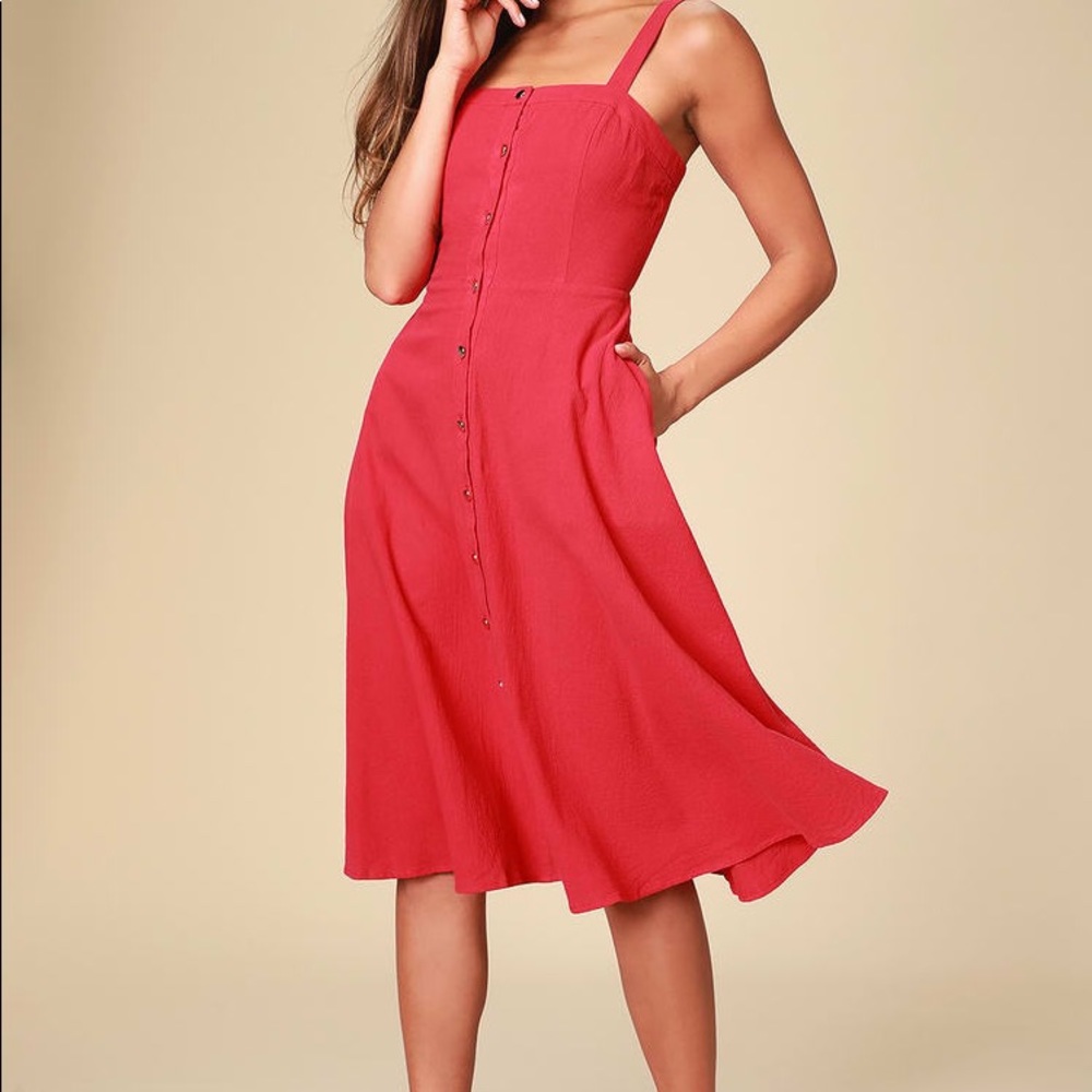 Pippie Red Button Front Sleeveless Midi Dress